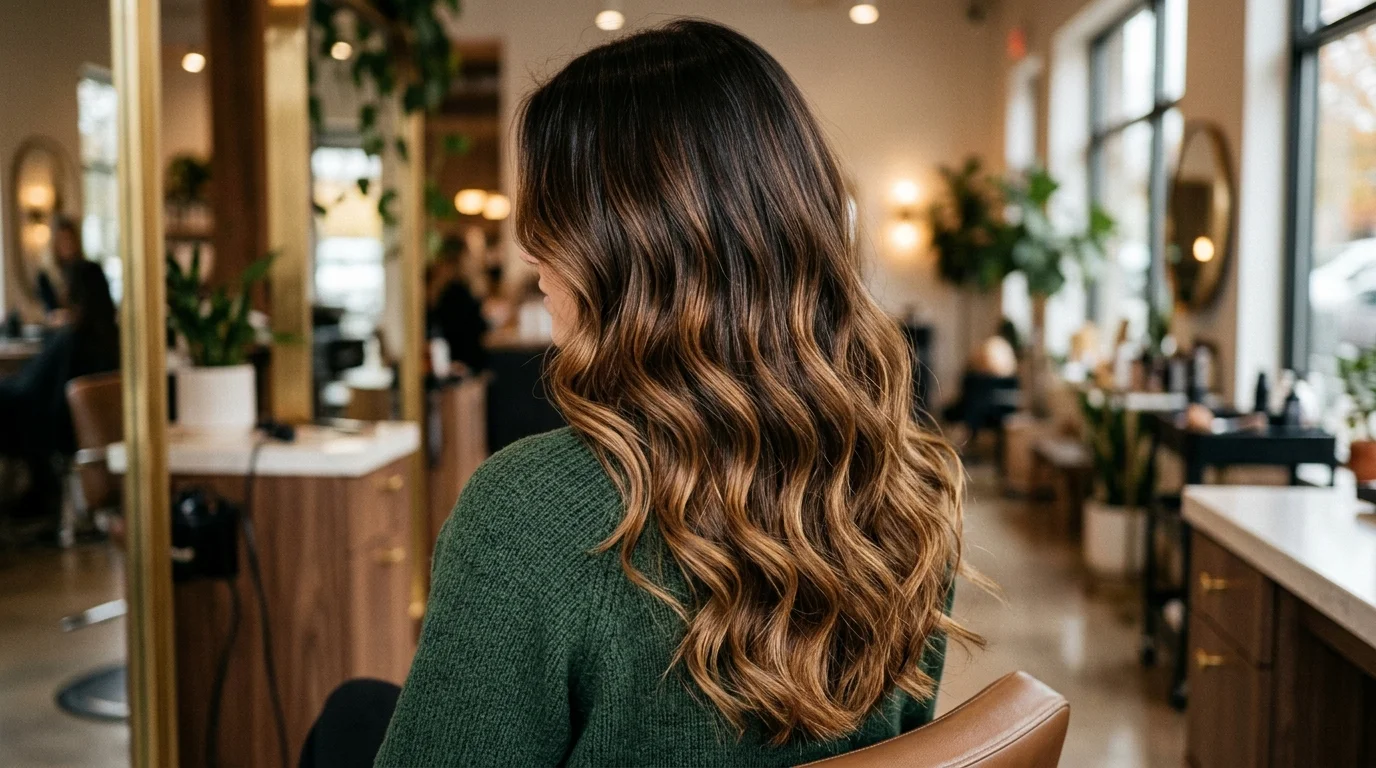 Honey-dipped ends dark chocolate brown hair, dark chocolate hair melting into honey golden ends