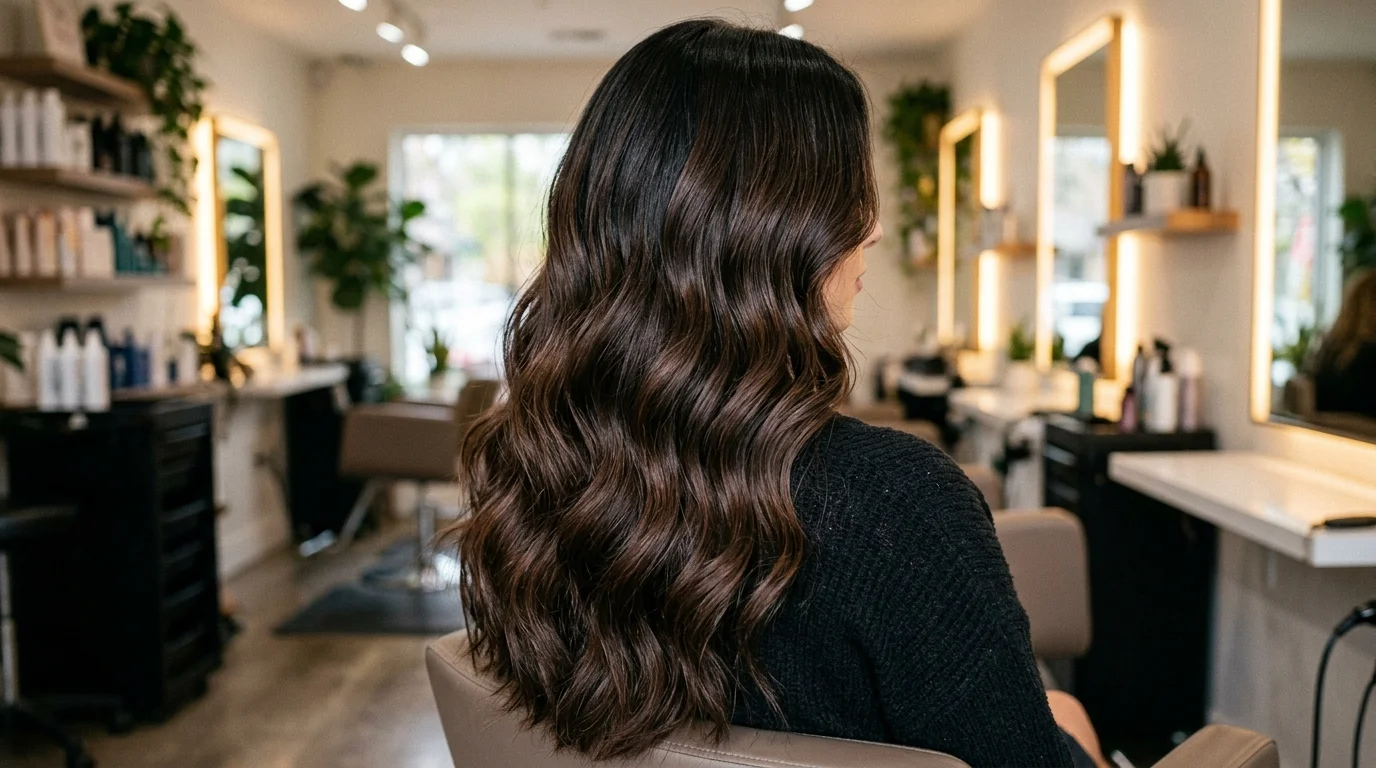 Rooted chocolate grow-out dark chocolate brown hair, natural dark roots growing into chocolate lengths