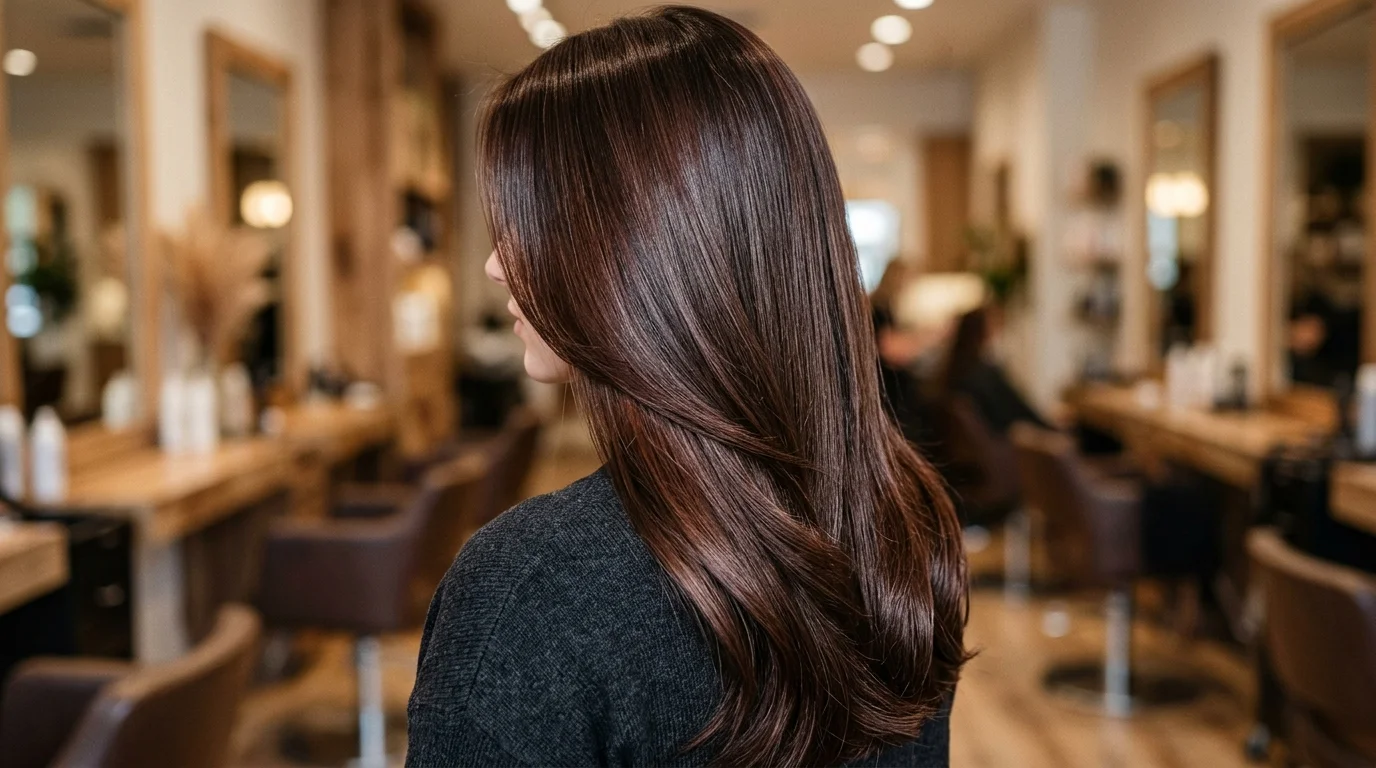 Mahogany-tinted chocolate dark chocolate brown hair, mahogany red wine tint through dark chocolate hair
