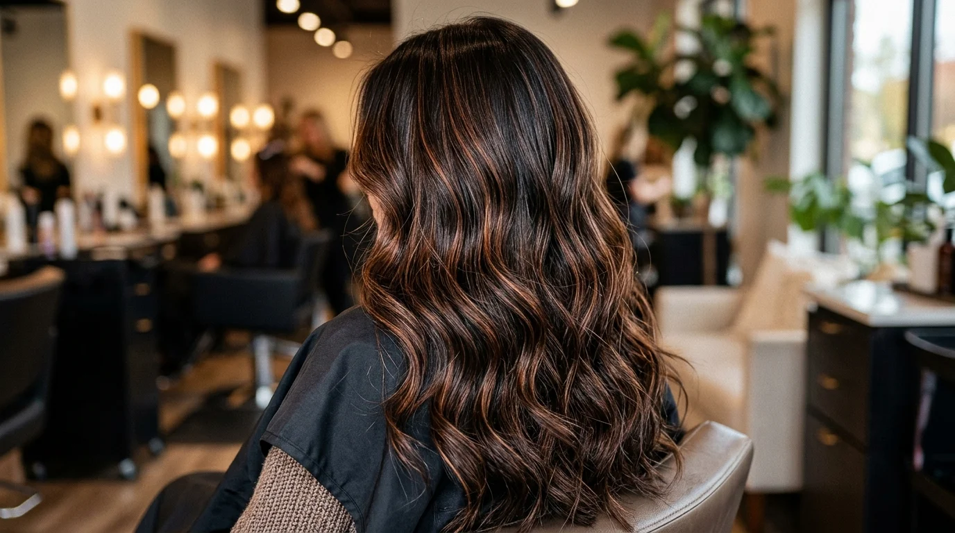 Copper-ribboned chocolate dark chocolate brown hair, copper ribbons woven through dark chocolate brown hair