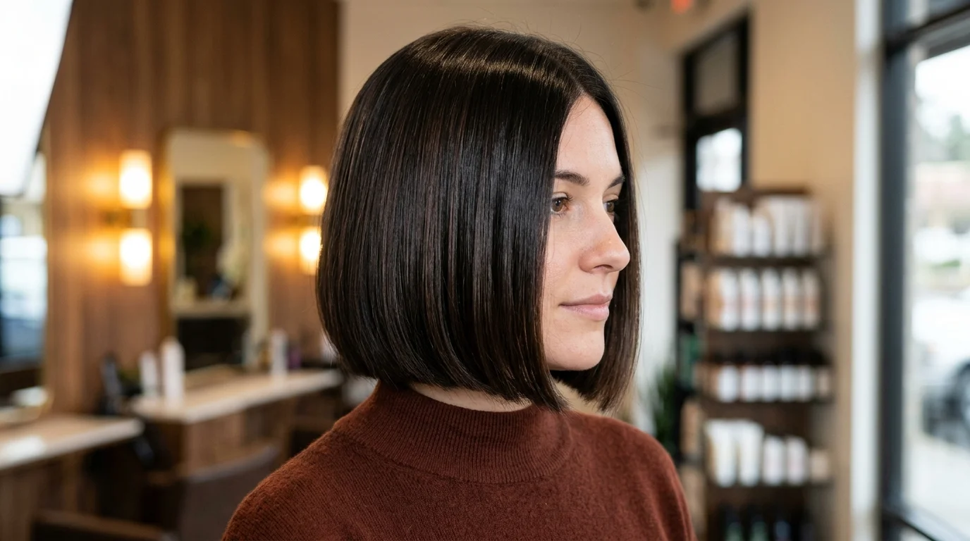 Dark chocolate glass bob, sleek bob in dark chocolate brown hair with mirror shine