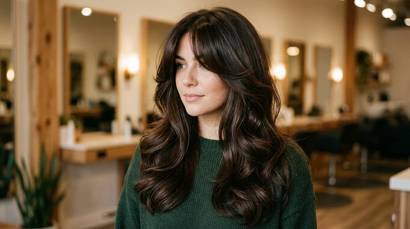 Chocolate curtain bangs dark chocolate brown hair, curtain bangs framing the face in dark chocolate brown hair