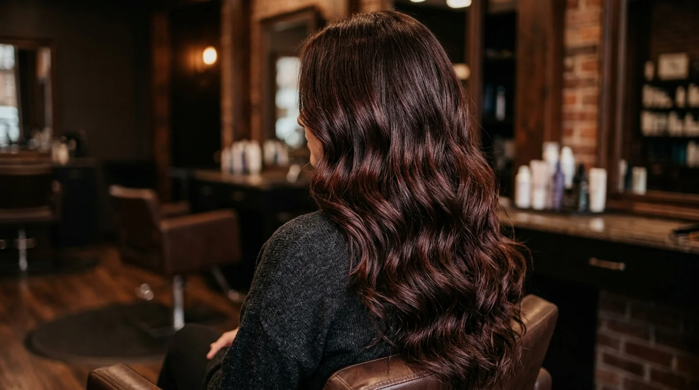Mulled-wine undercurrent dark chocolate brown hair, hidden wine-red tones beneath dark chocolate top layer