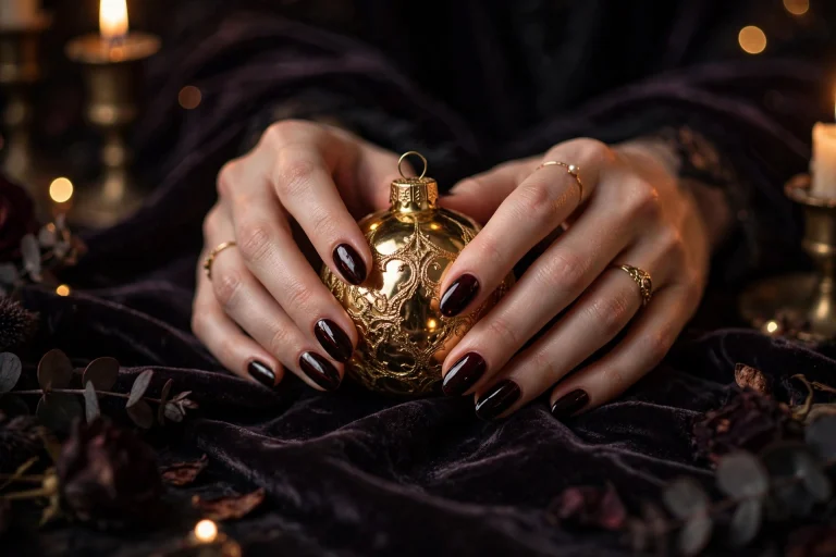 Dark christmas nails featured look - vamp romantic black cherry and oxblood gothic holiday manicure on real hands holding a gold Christmas ornament
