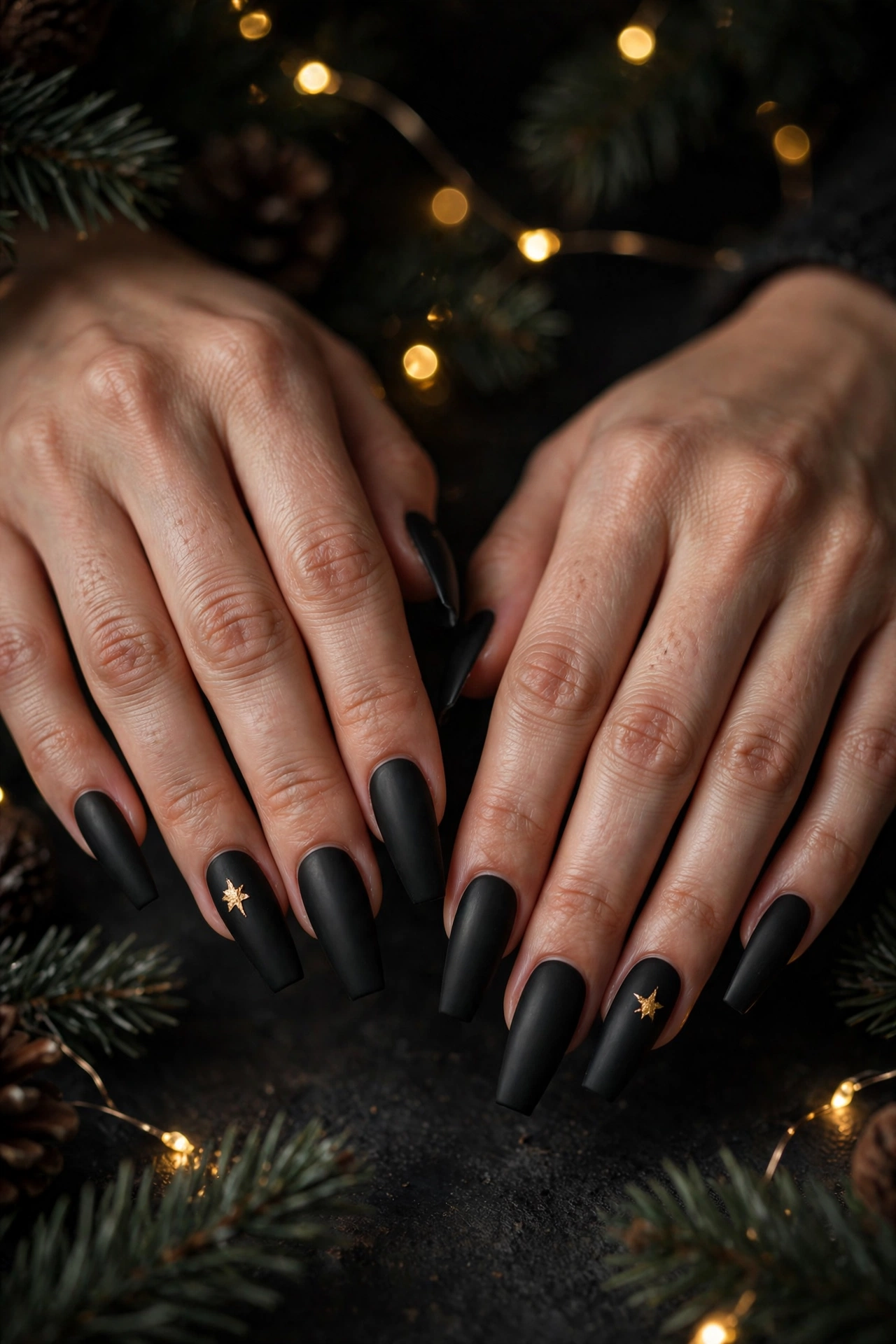 Dark christmas nails idea 3 - matte black coffin nails with gold foil star gothic holiday design