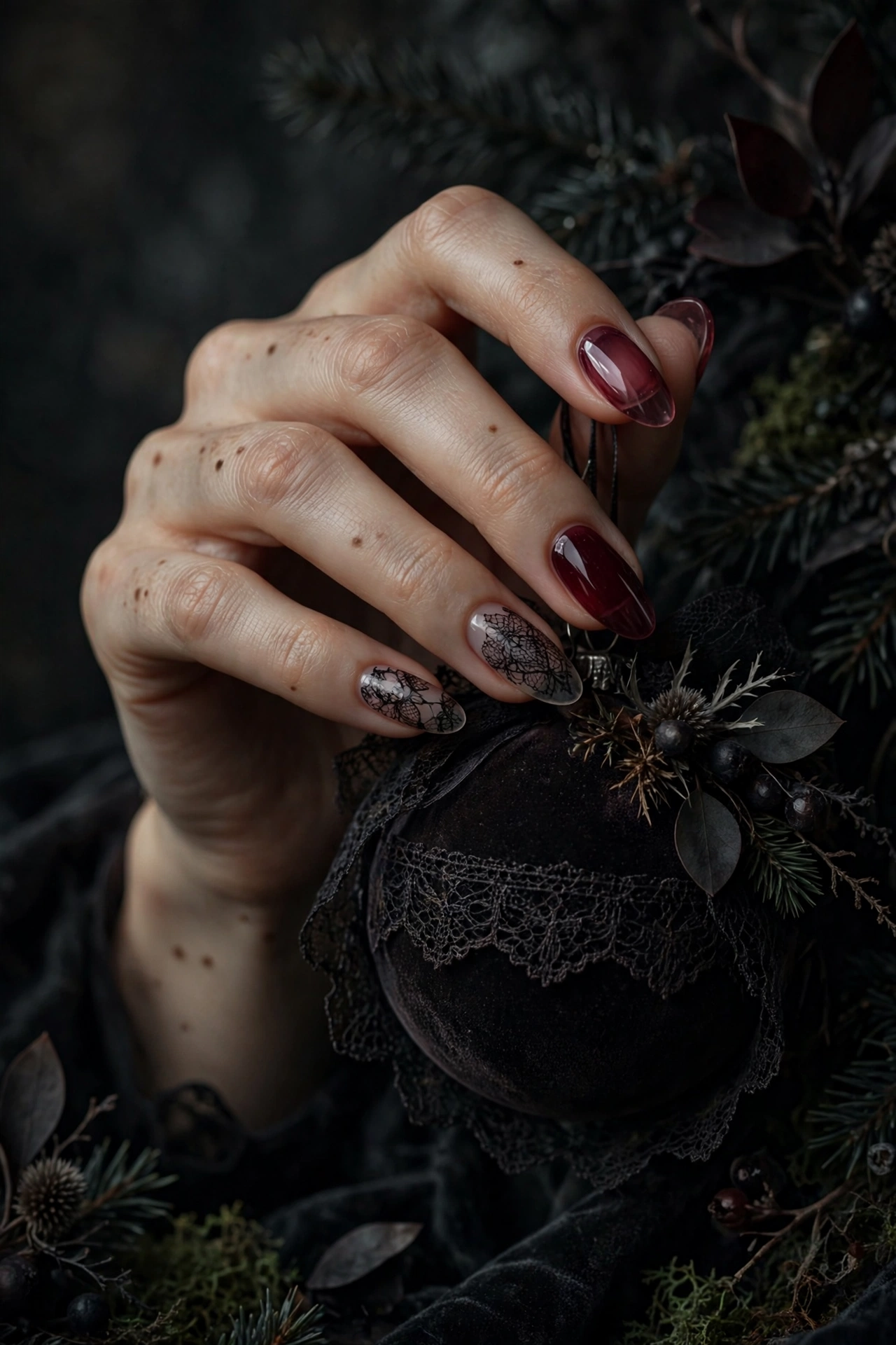 Dark christmas nails idea 4 - burgundy jelly nails with black lace detail vamp romantic Christmas