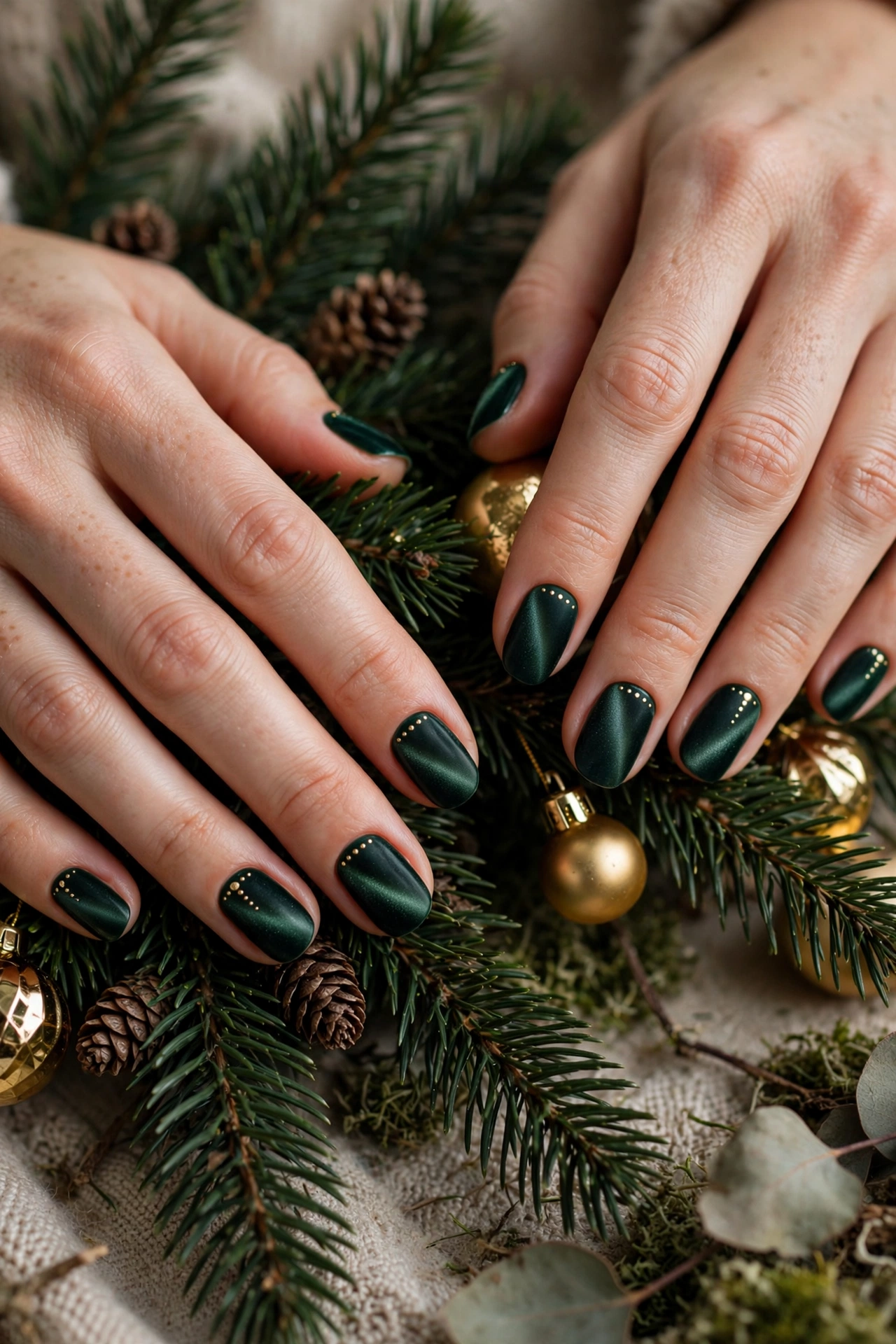 Dark christmas nails idea 5 - deep emerald velvet nails with gold ornament dots dark Christmas