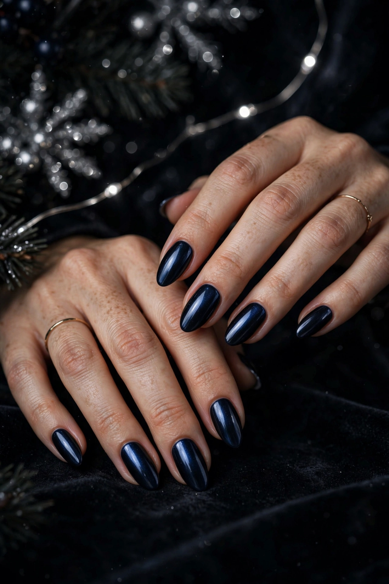 Dark christmas nails idea 6 - midnight navy chrome nails gothic dark Christmas manicure