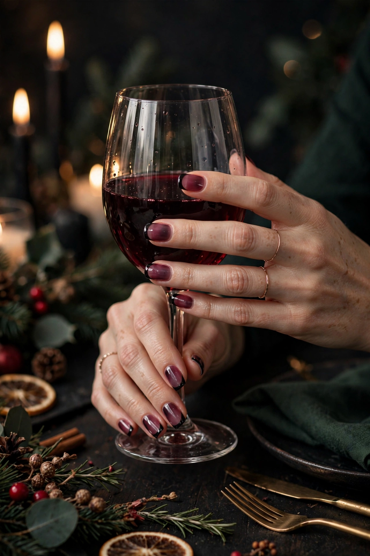 Dark christmas nails idea 7 - black French tips on wine burgundy base dark holiday nails