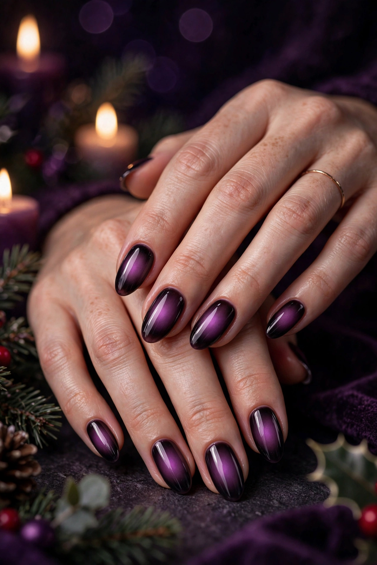 Dark christmas nails idea 8 - smoky plum aura nails with black edges vamp Christmas design