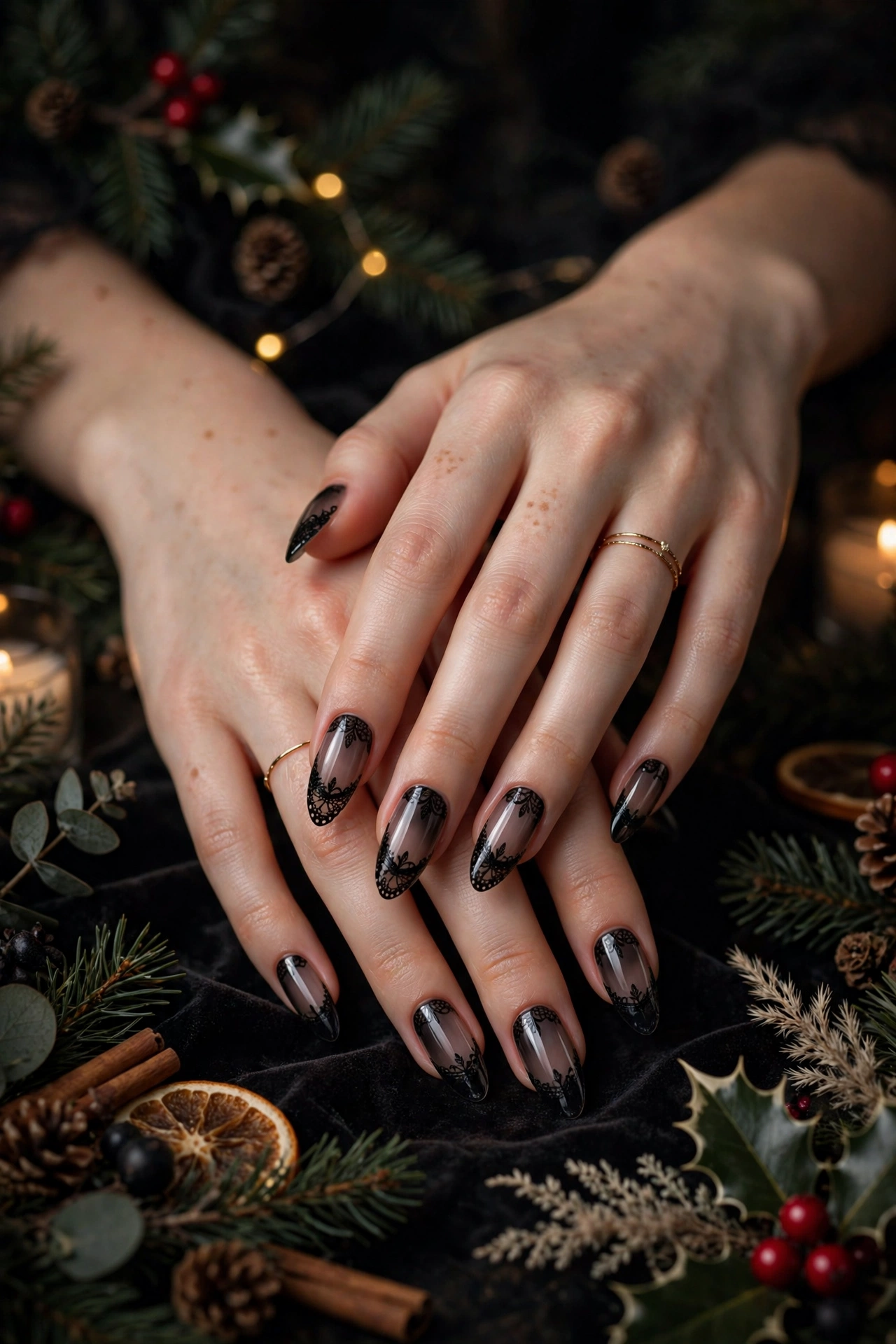 Dark christmas nails idea 9 - gothic black lace French tip nails dark romantic holiday manicure