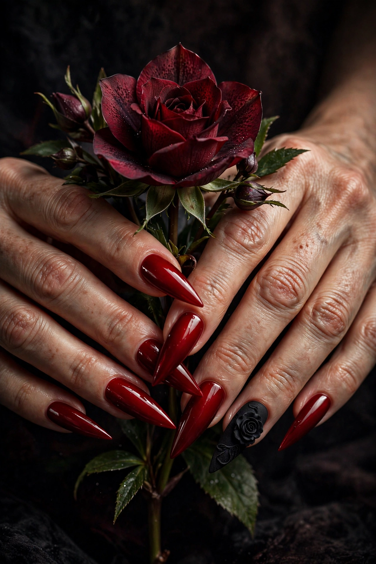 Dark christmas nails idea 10 - blood red stiletto nails with black rose accent gothic Christmas