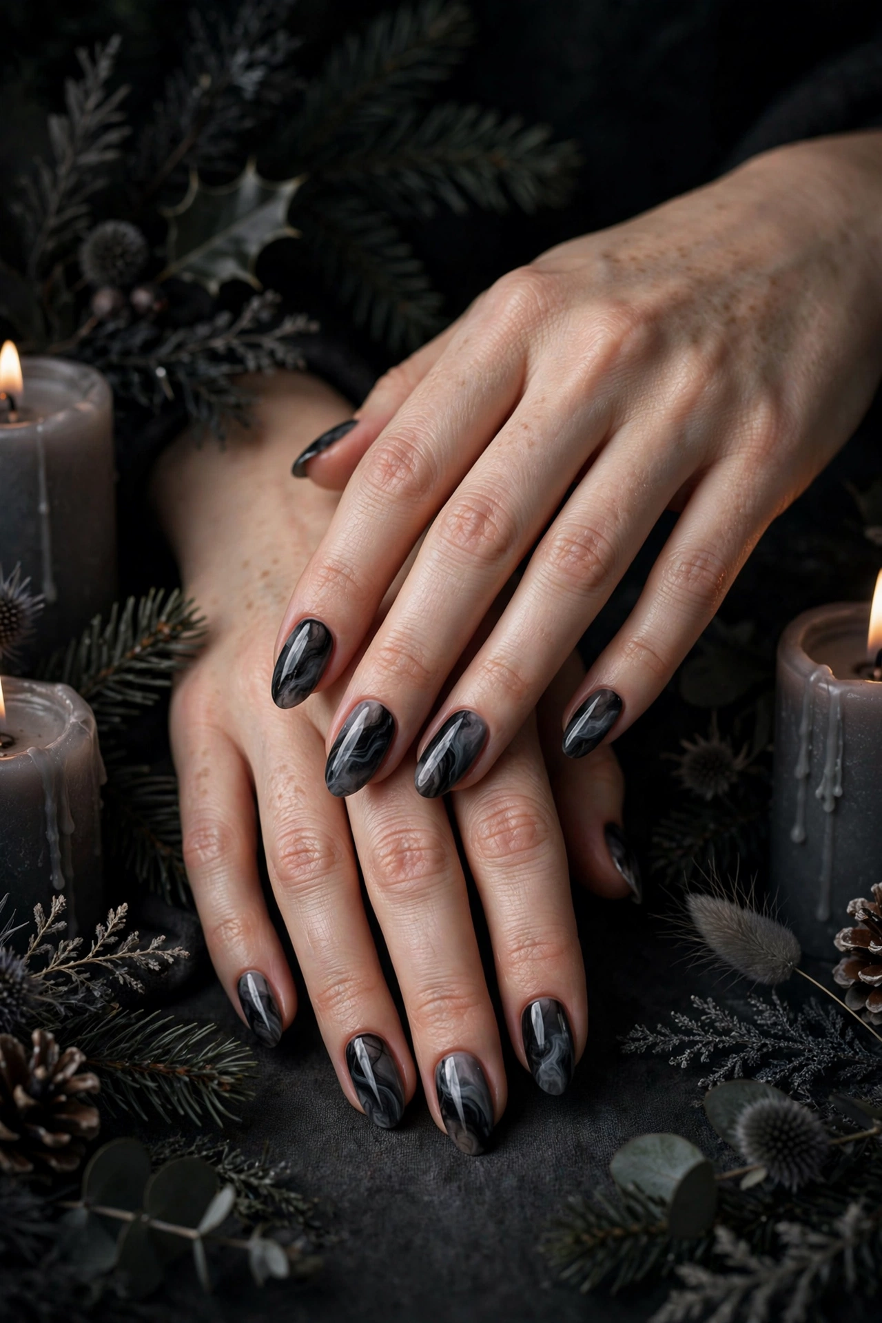 Dark christmas nails idea 11 - charcoal smoke marble nails dark gothic holiday manicure