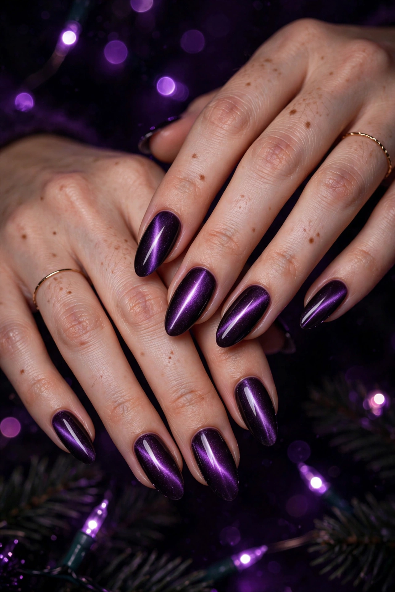 Dark christmas nails idea 12 - amethyst purple cat eye nails over black base dark Christmas