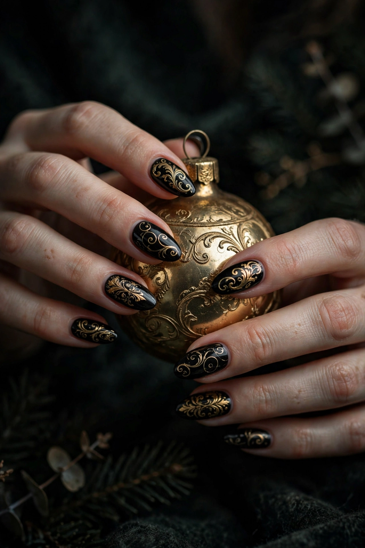 Dark christmas nails idea 13 - black nails with gold baroque swirls gothic Christmas design