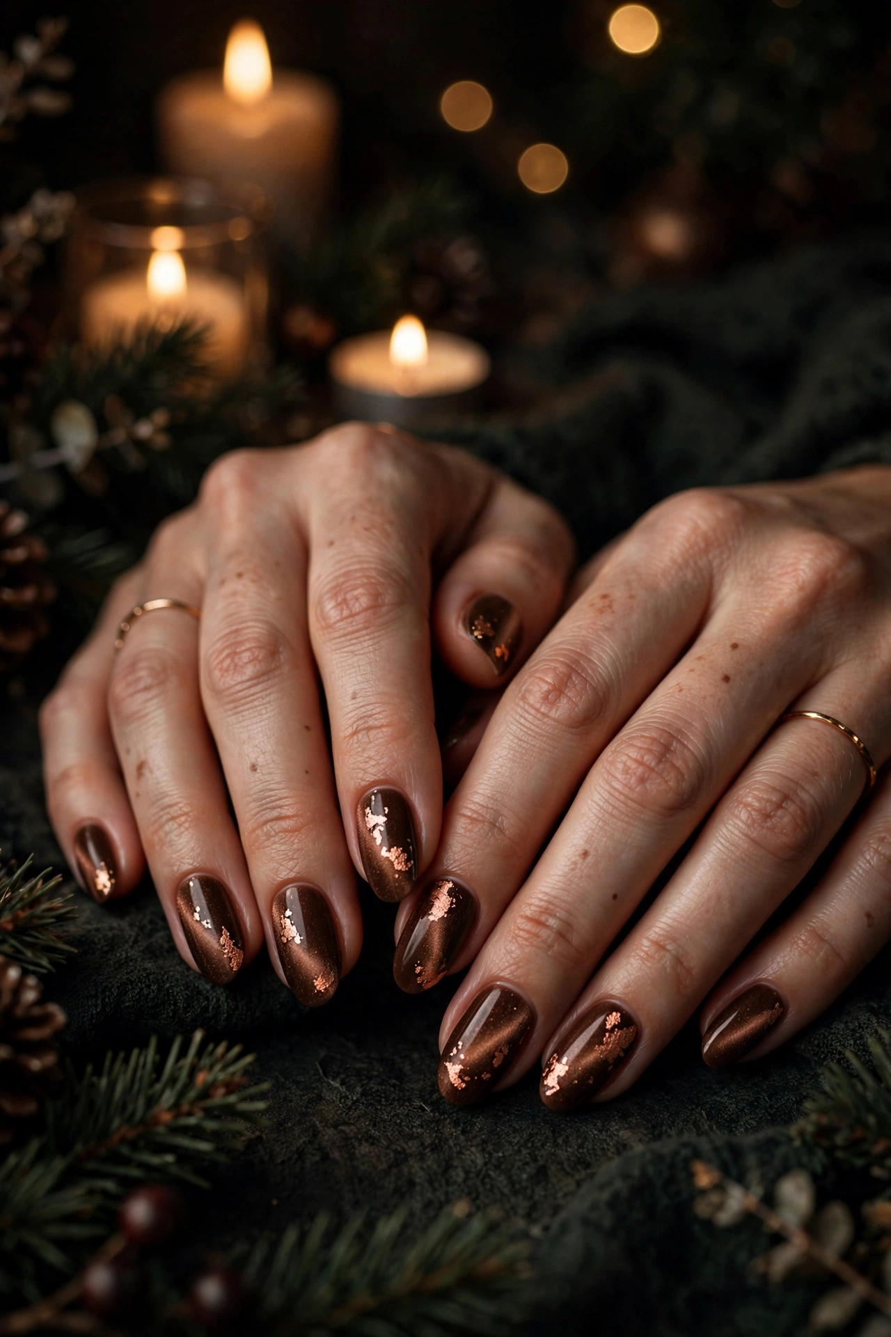 Dark christmas nails idea 14 - espresso brown velvet nails with copper foil flakes dark Christmas