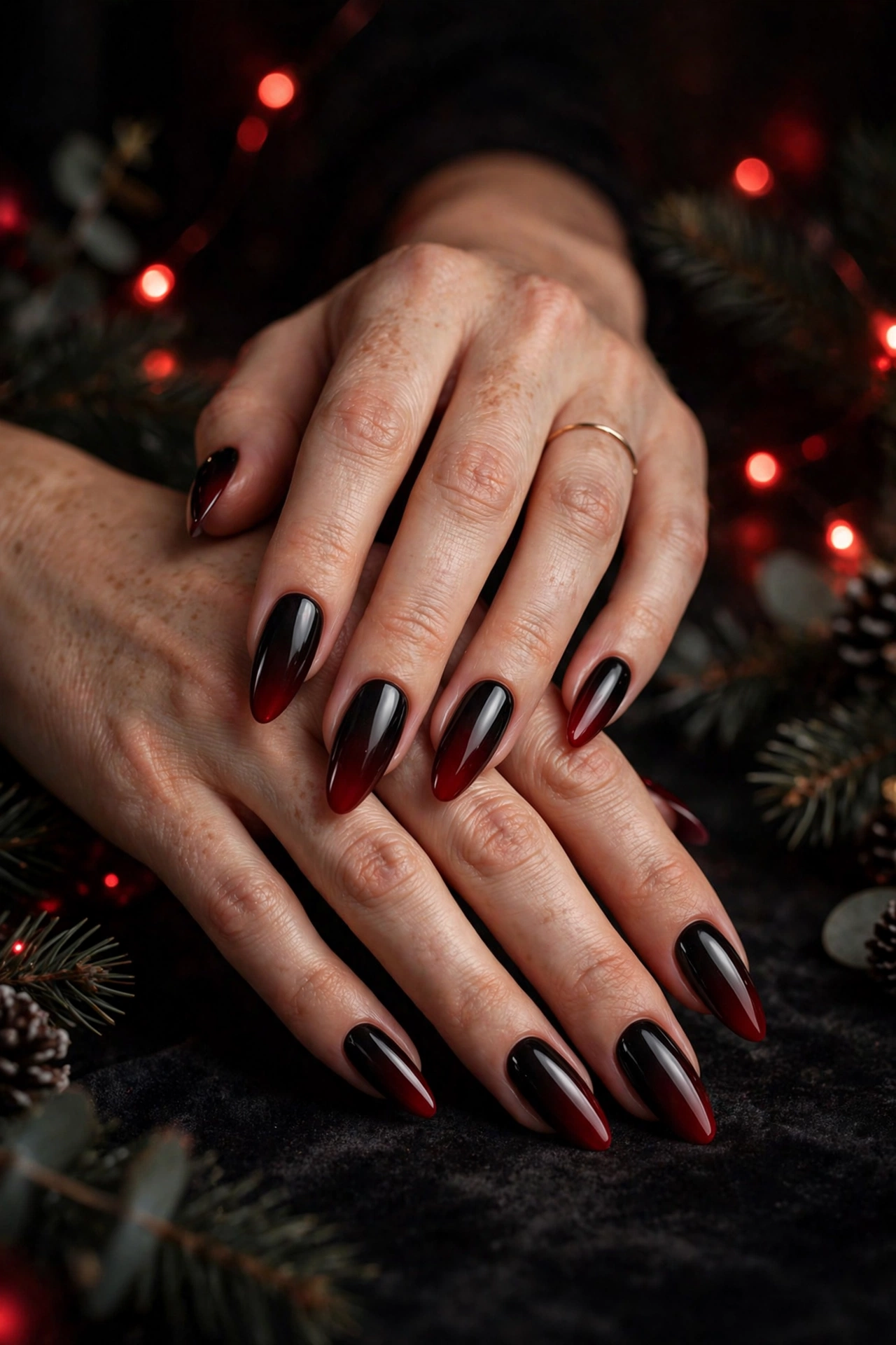 Dark christmas nails idea 15 - black to oxblood red ombre gradient nails vamp holiday manicure