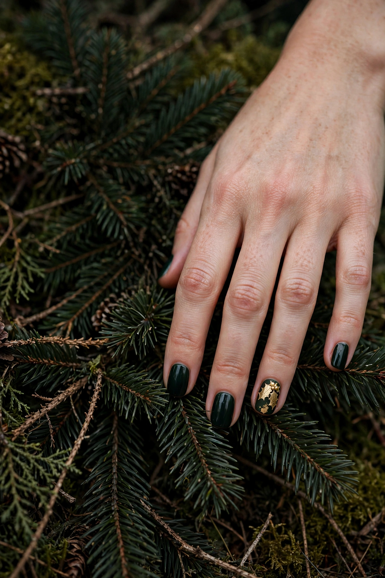 Dark christmas nails idea 16 - near black forest green nails with gold holly leaf accent Christmas