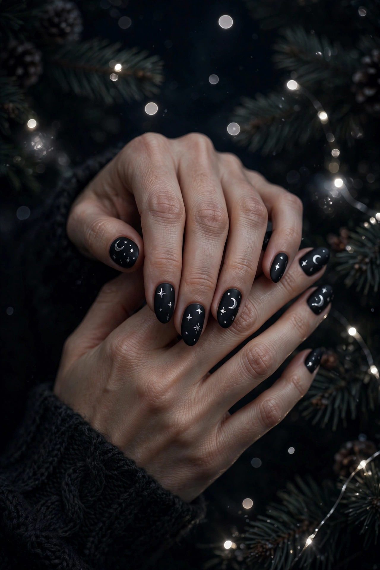 Dark christmas nails idea 17 - matte black nails with silver moon and stars celestial Christmas