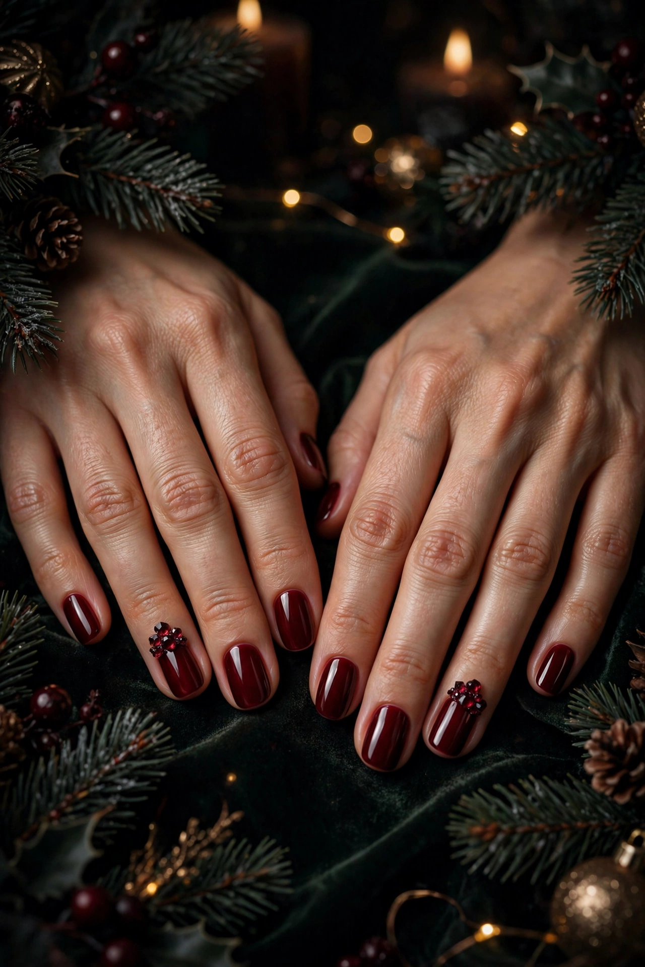 Dark christmas nails idea 18 - deep wine red nails with garnet crystal accent dark Christmas glam