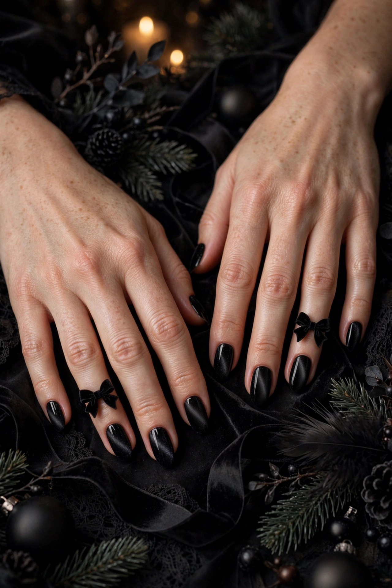 Dark christmas nails idea 19 - black velvet magnetic nails with 3D black bow accent dark coquette Christmas