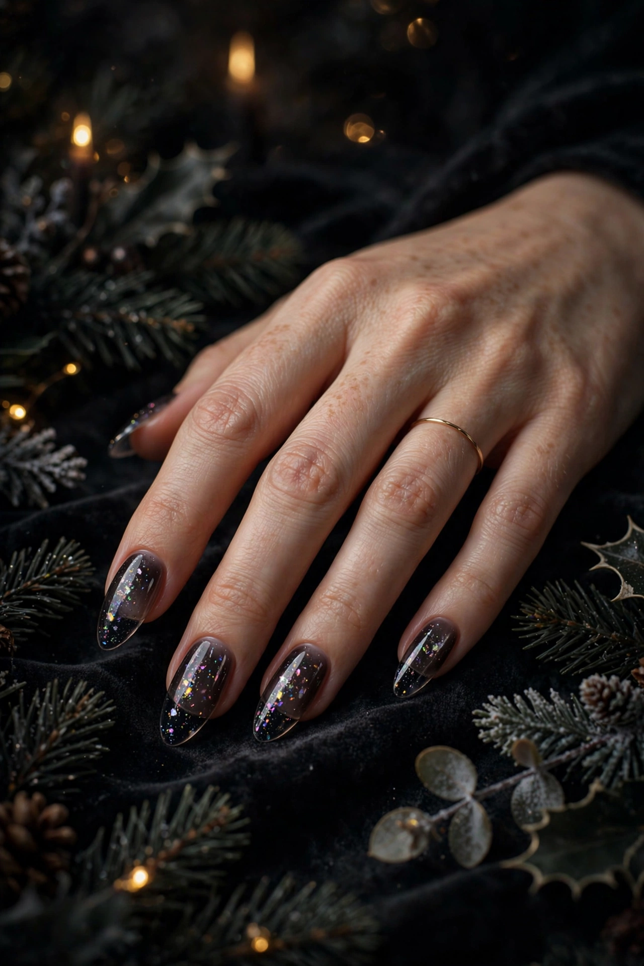 Dark christmas nails idea 20 - smoky quartz translucent black jelly nails with holographic glitter Christmas