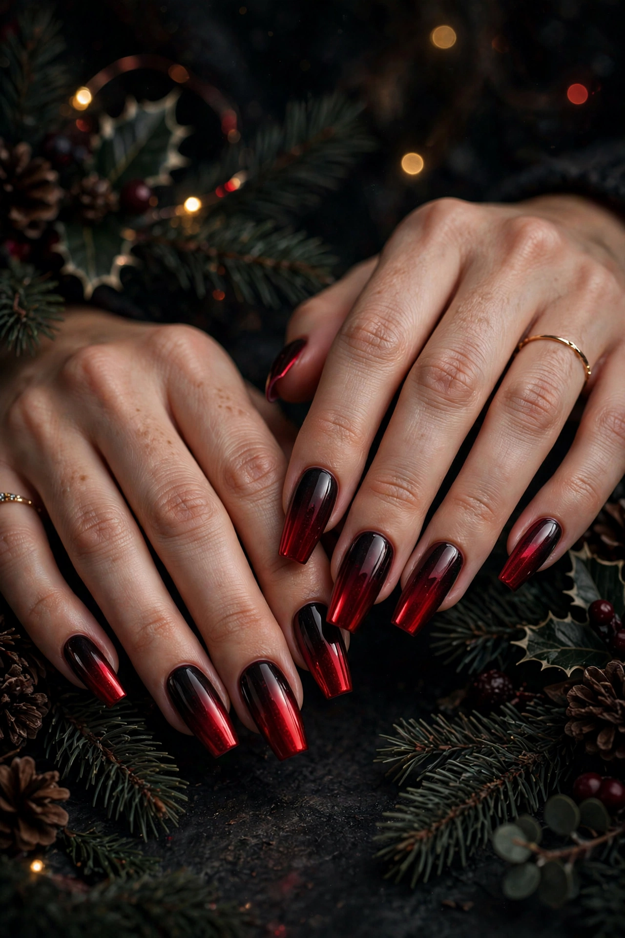 Dark christmas nails idea 21 - cranberry red chrome nails over black base dark Christmas manicure