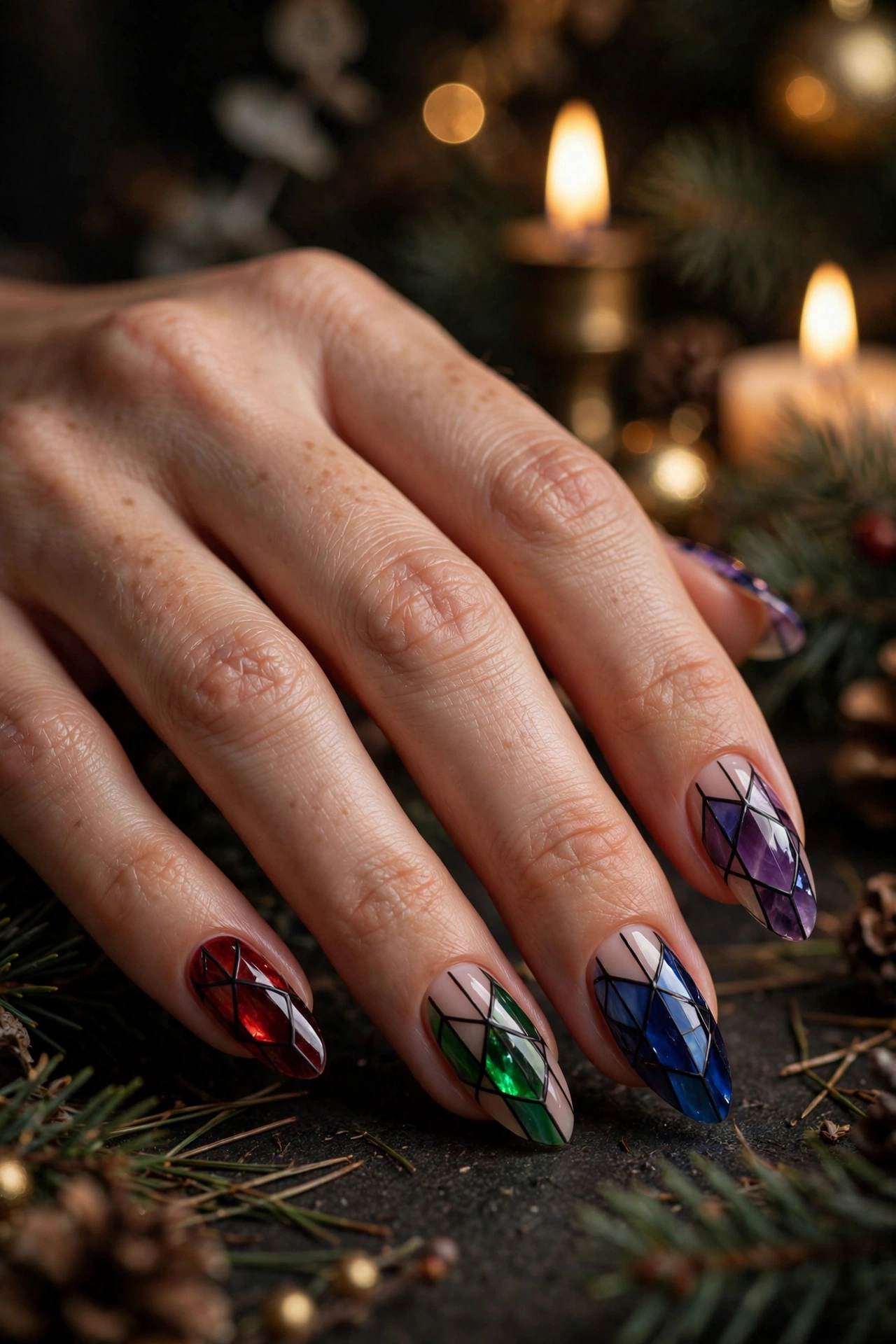 Dark christmas nails idea 22 - black stained glass jewel tone tips gothic Christmas nail art