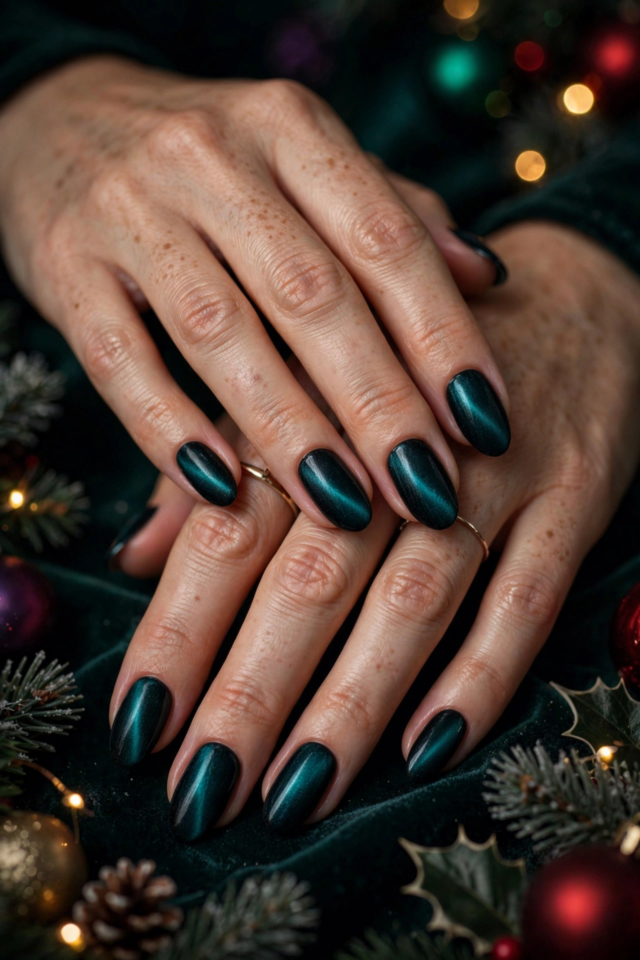 Dark christmas nails idea 23 - peacock teal black velvet magnetic nails dark jewel Christmas