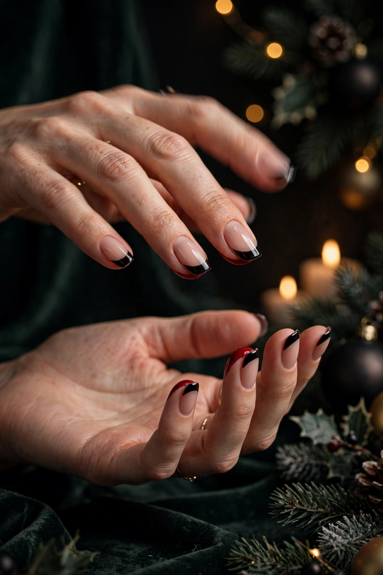 Dark christmas nails idea 24 - noir black French tips with hidden red underside vamp Christmas nails