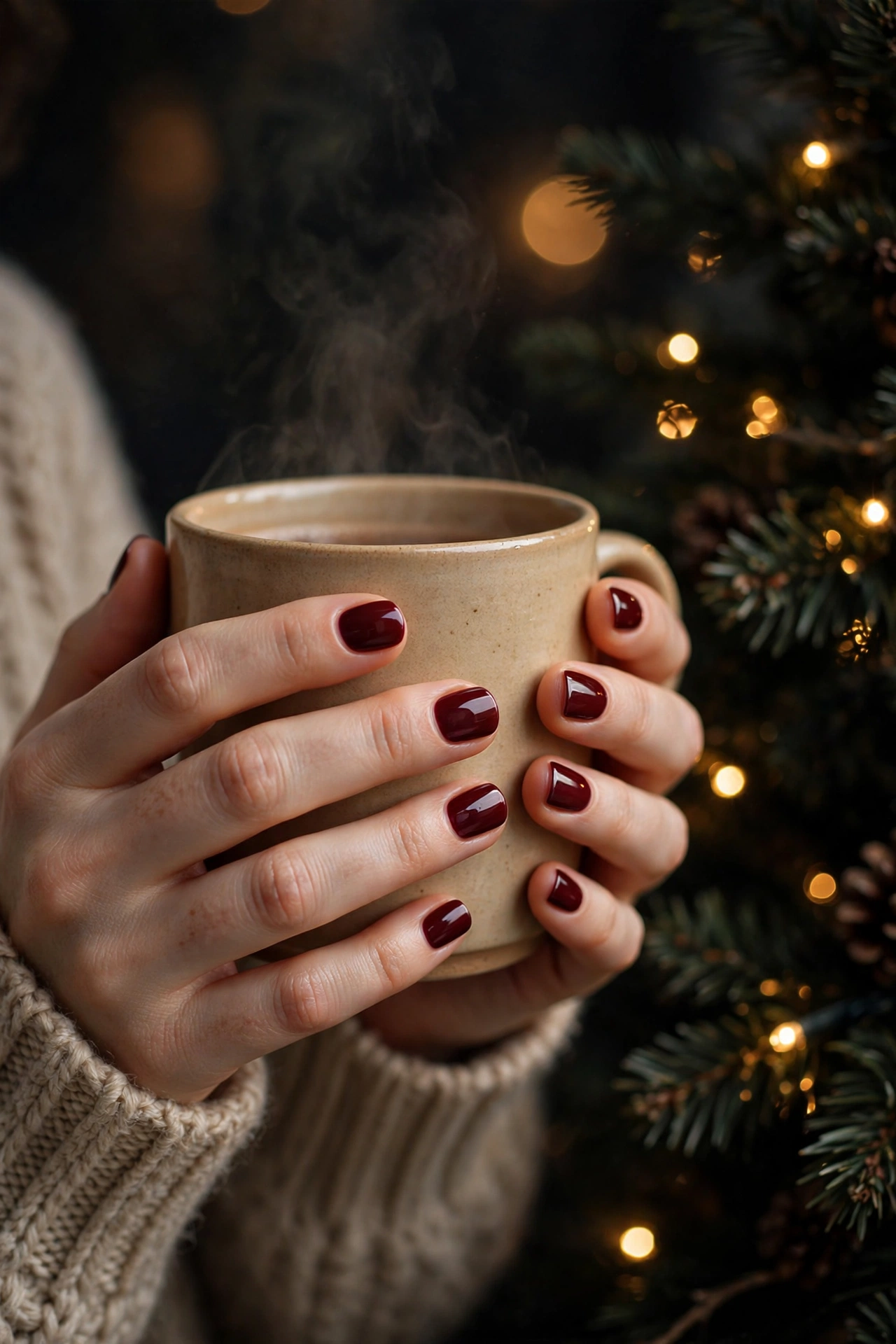 Dark christmas nails idea 25 - mulled wine burgundy short squoval nails easy dark Christmas manicure