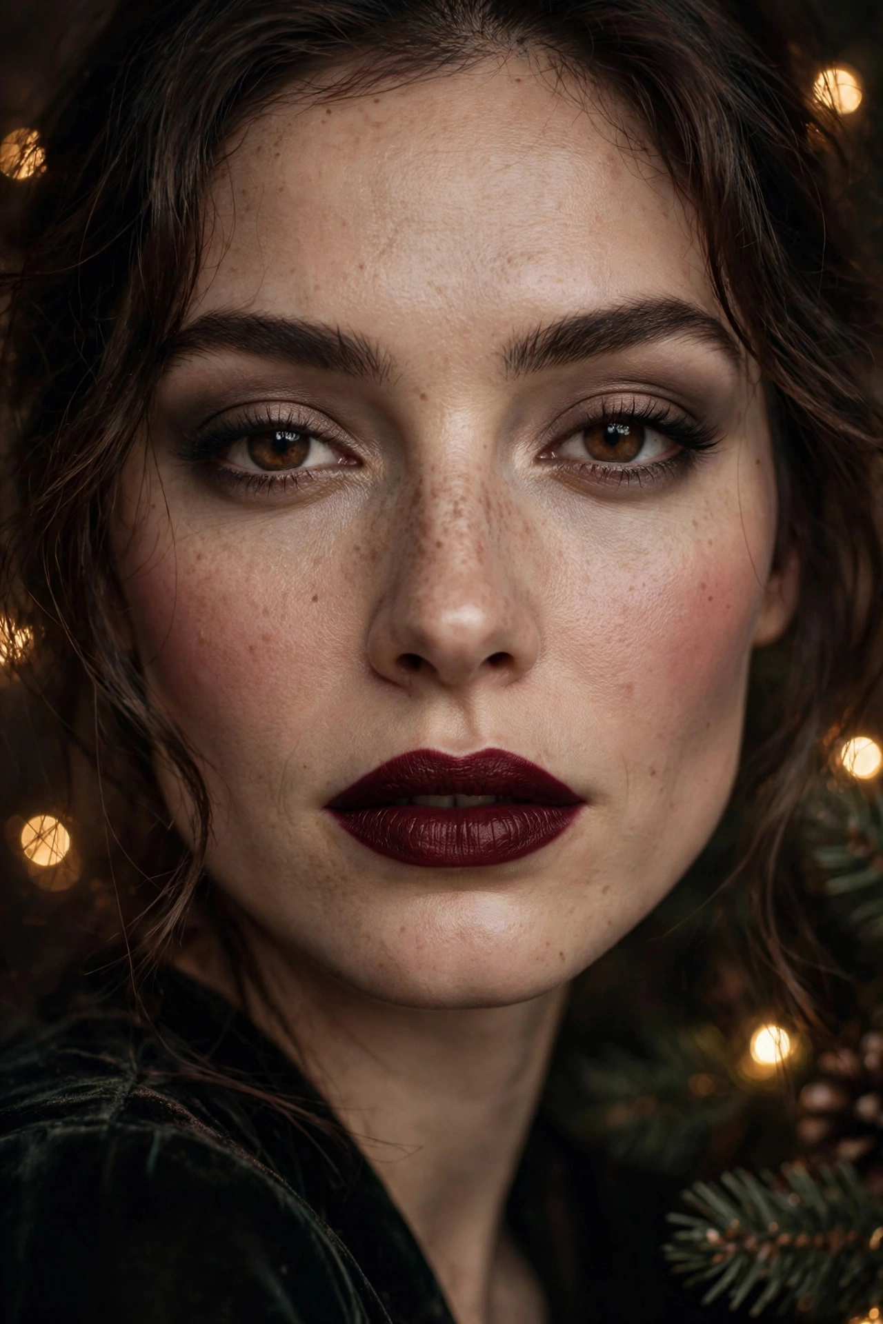 Dark romantic makeup idea 1 - classic vamp burgundy matte lipstick with soft taupe smoky eye, Christmas party glam
