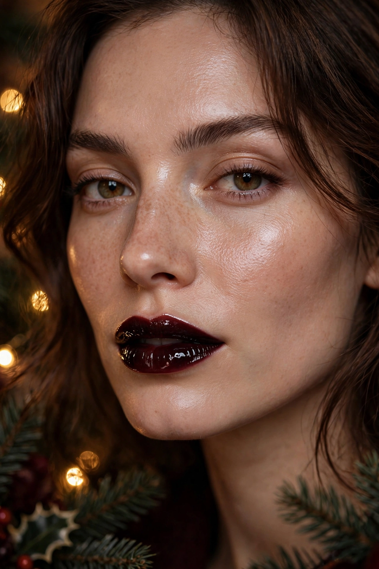 Dark romantic makeup idea 2 - glossy black cherry lip gloss over plum stain with luminous dewy skin, vamp romantic Christmas makeup