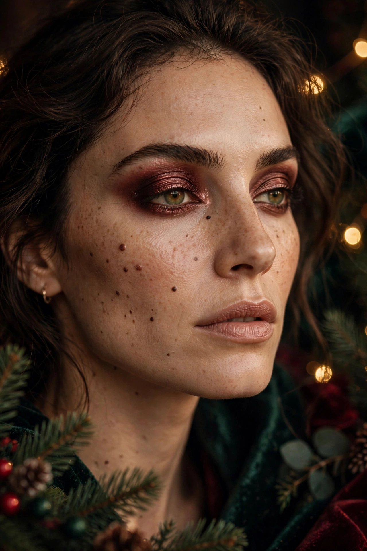 Dark romantic makeup idea 3 - smoked garnet metallic eyeshadow with oxblood crease and nude lip, jewel tone holiday makeup