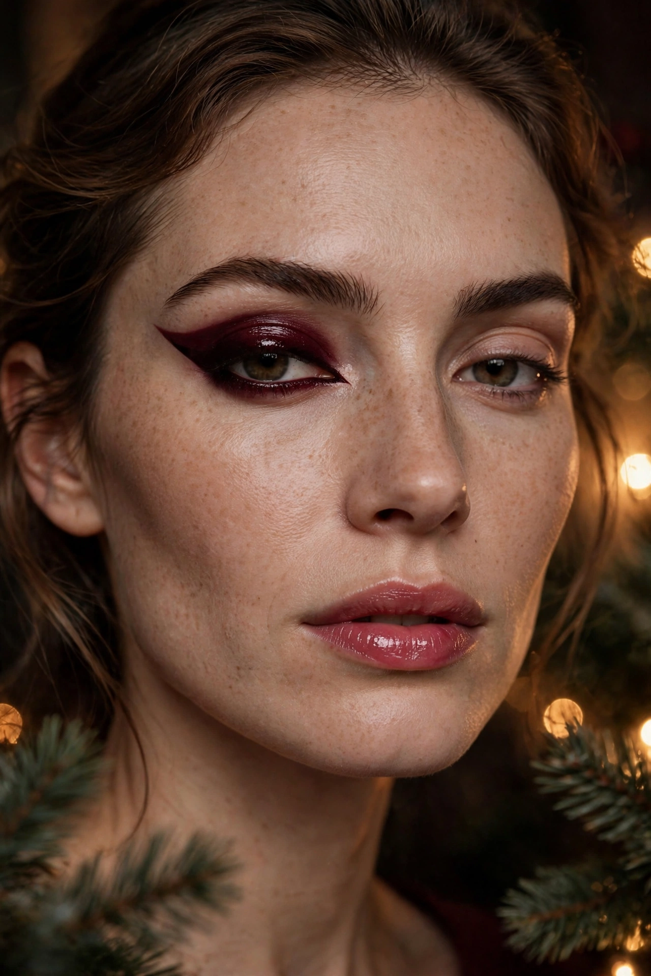 Dark romantic makeup idea 4 - oxblood wine winged eyeliner on a bare lid with berry tinted lips, Christmas makeup look