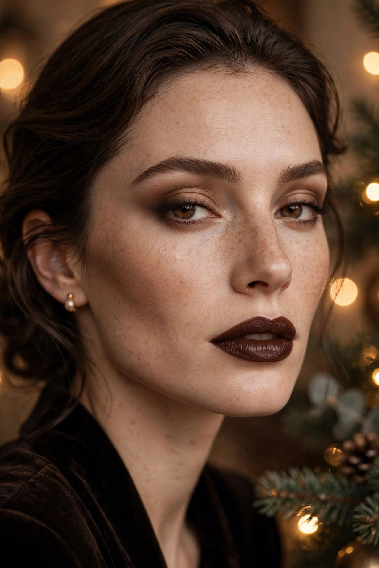Dark romantic makeup idea 8 - velvet matte porcelain skin with espresso contour and dark chocolate satin lipstick, old money holiday makeup