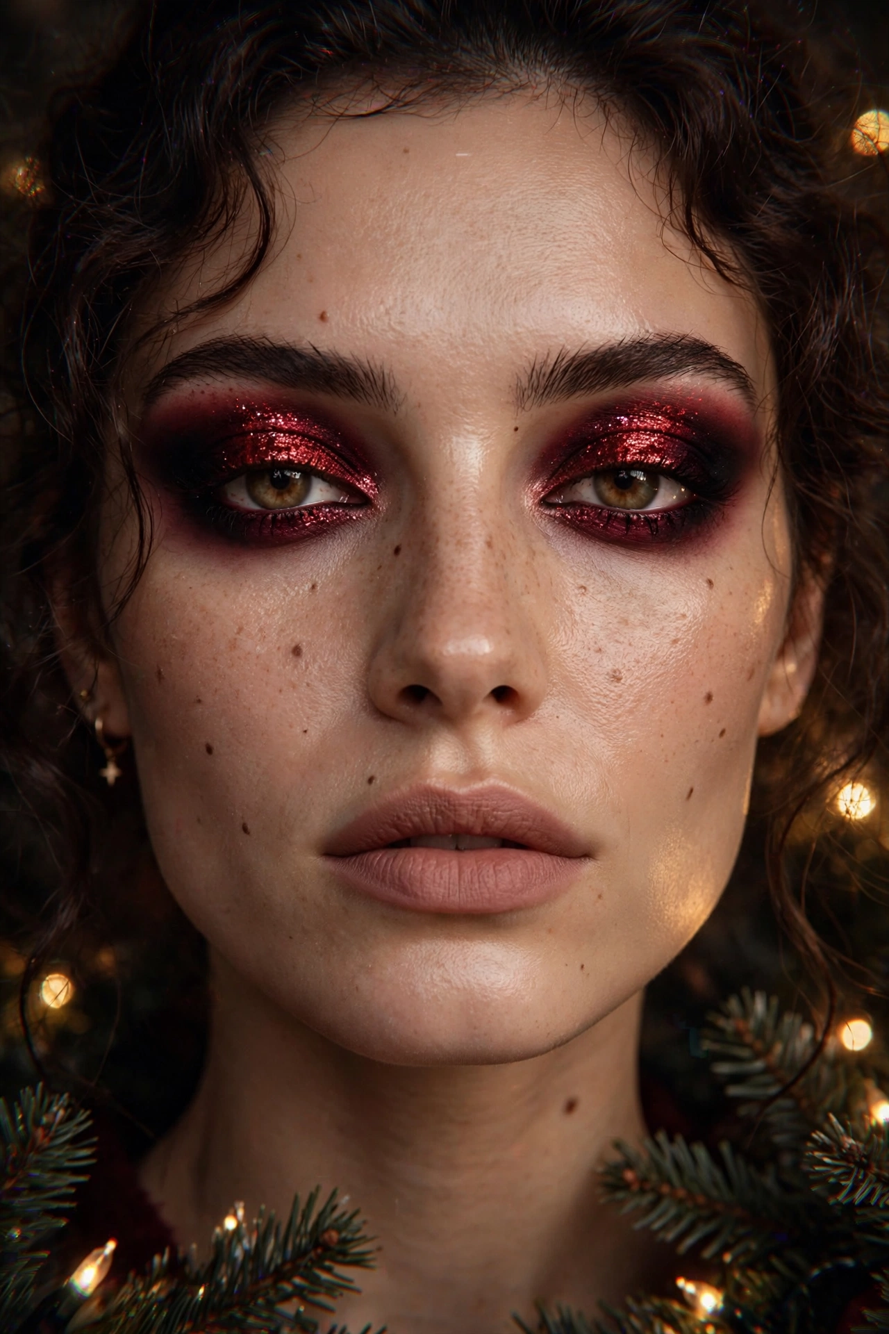 Dark romantic makeup idea 9 - blood red glitter eyeshadow smoked with blackened burgundy and nude rose lip, glitchy glam Christmas makeup