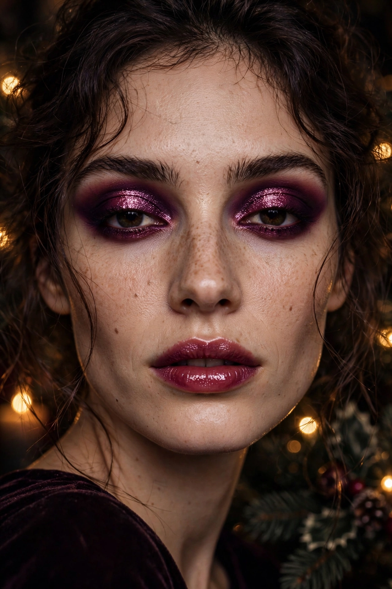 Dark romantic makeup idea 10 - aubergine halo eye with bright plum shimmer centre and glossed berry lip, vamp romantic makeup