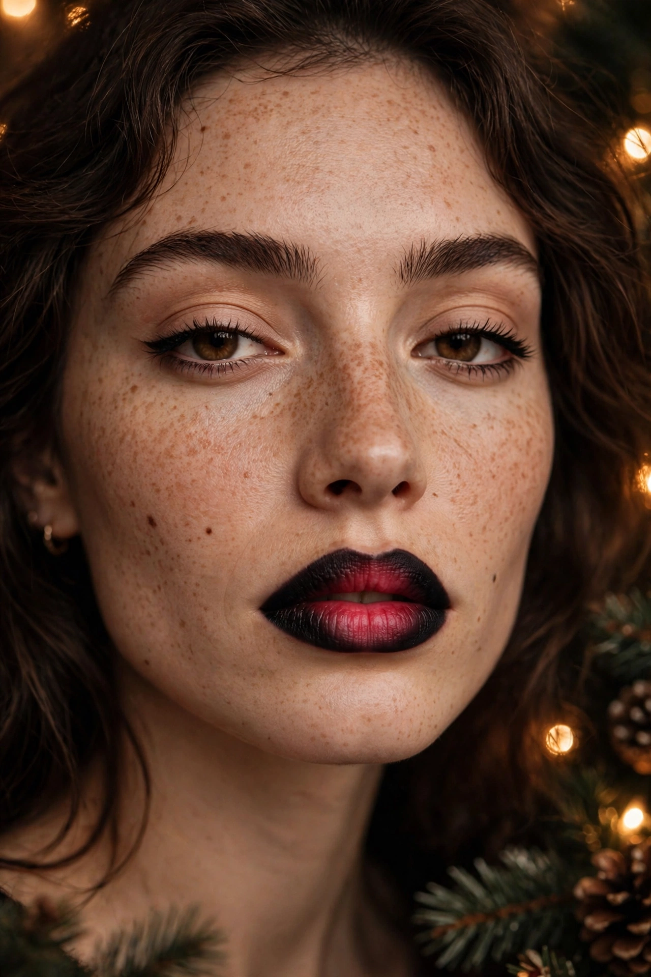 Dark romantic makeup idea 11 - blackened berry ombre lip with dark plum edges and bright berry centre, nude eyes, Christmas glam