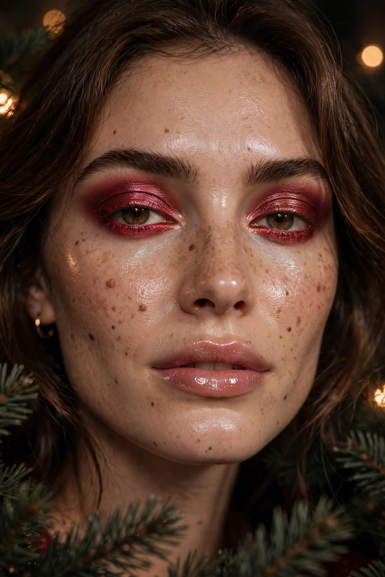 Dark romantic makeup idea 12 - cranberry metallic eyeshadow with dewy glass skin and clear glossy lips, festive holiday makeup