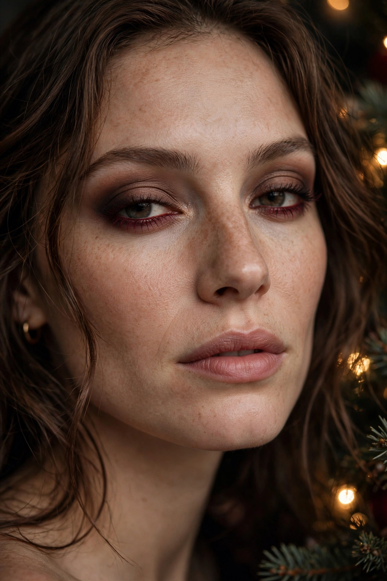Dark romantic makeup idea 13 - soft espresso smoky eye with burgundy mascara on lower lashes, quiet luxury Christmas makeup