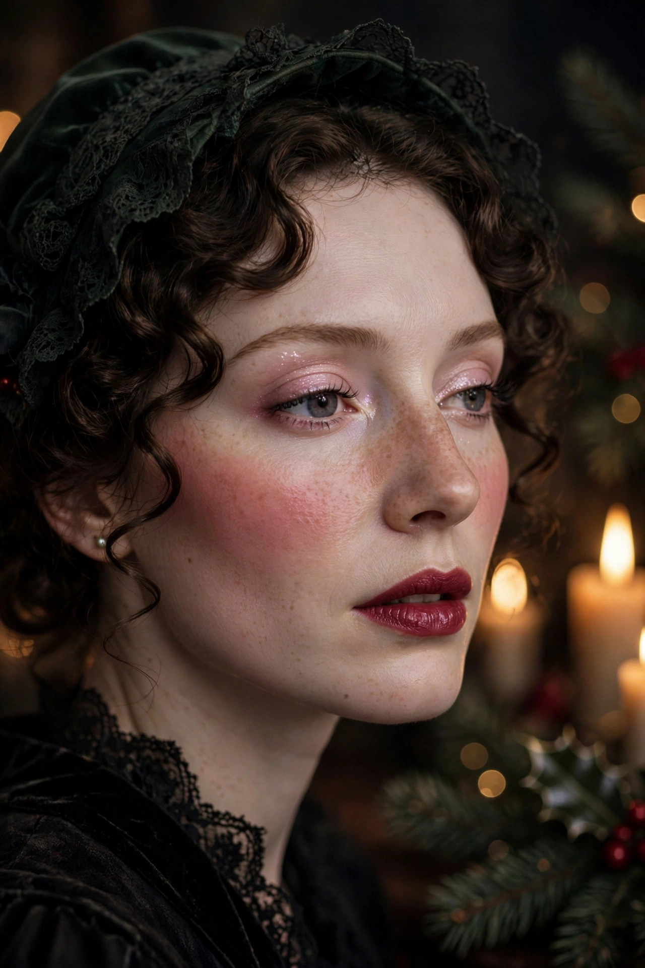 Dark romantic makeup idea 14 - Victorian romantic makeup with porcelain skin, wide rose blush flush and deep rose lipstick, candlelit Christmas look