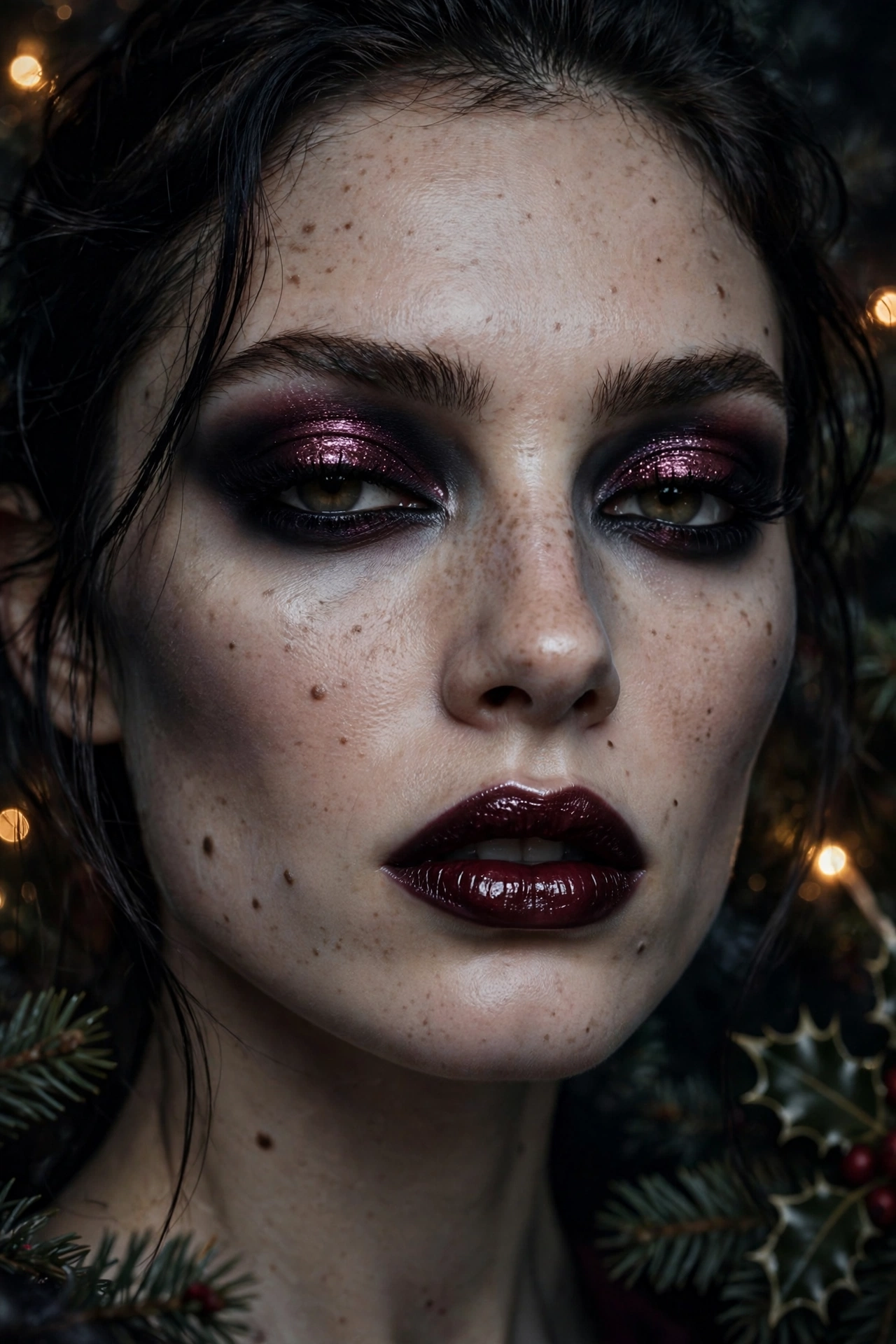 Dark romantic makeup idea 15 - full vamp glam charcoal smoky eye with burgundy duochrome shimmer and oxblood glossy lip, Christmas party makeup