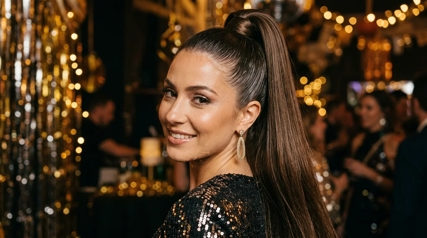 Sleek high ponytail with wrapped base, easy nye hairstyles you can do yourself
