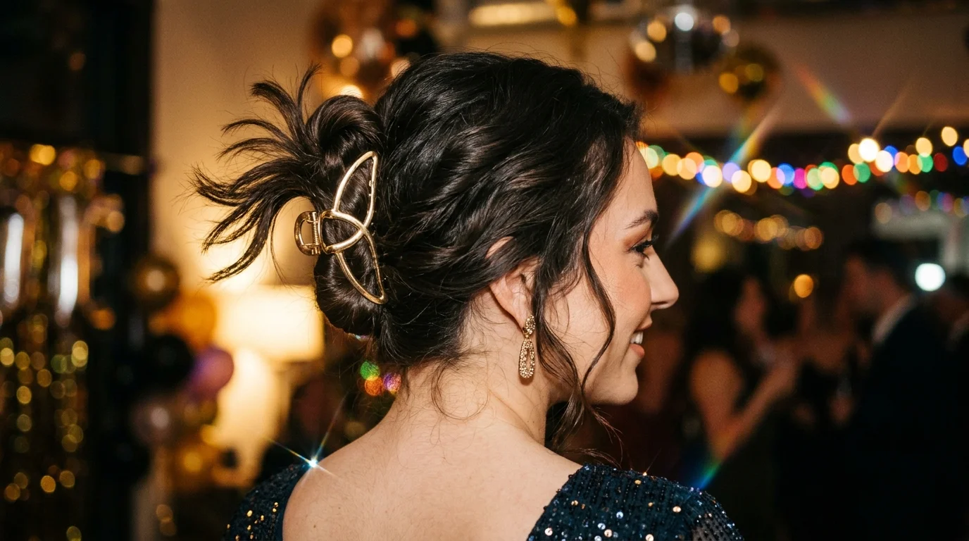 Twisted hair with gold claw clip, easy nye hairstyles you can do yourself