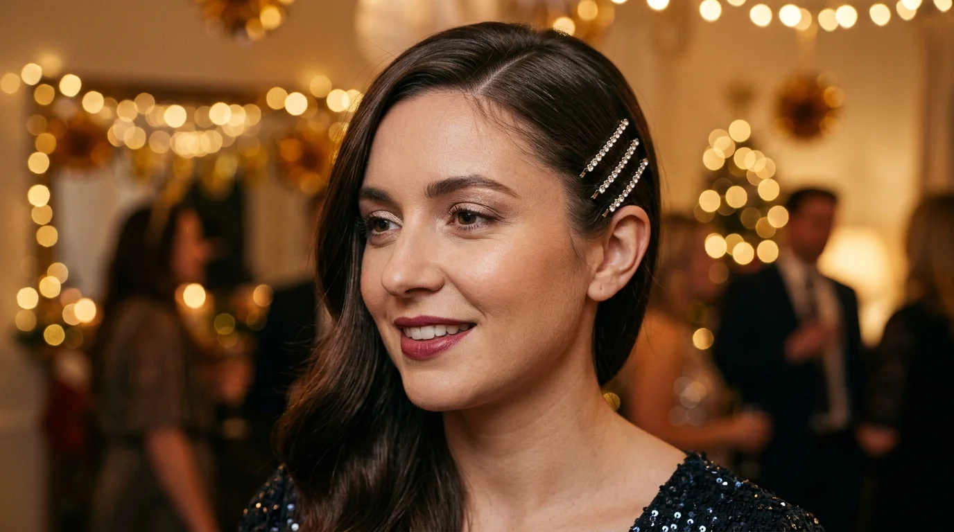 Deep side part with crystal pins, easy nye hairstyles you can do yourself