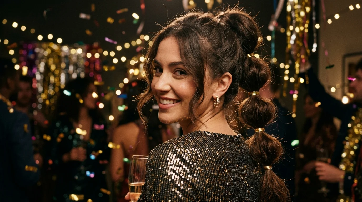 High bubble ponytail with gold bands, easy nye hairstyles you can do yourself