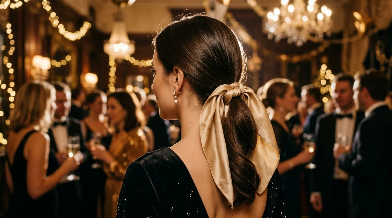 Low ponytail wrapped with silk scarf, easy nye hairstyles you can do yourself