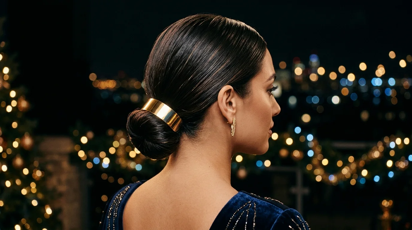 Sleek low bun with gold hair cuff, easy nye hairstyles you can do yourself