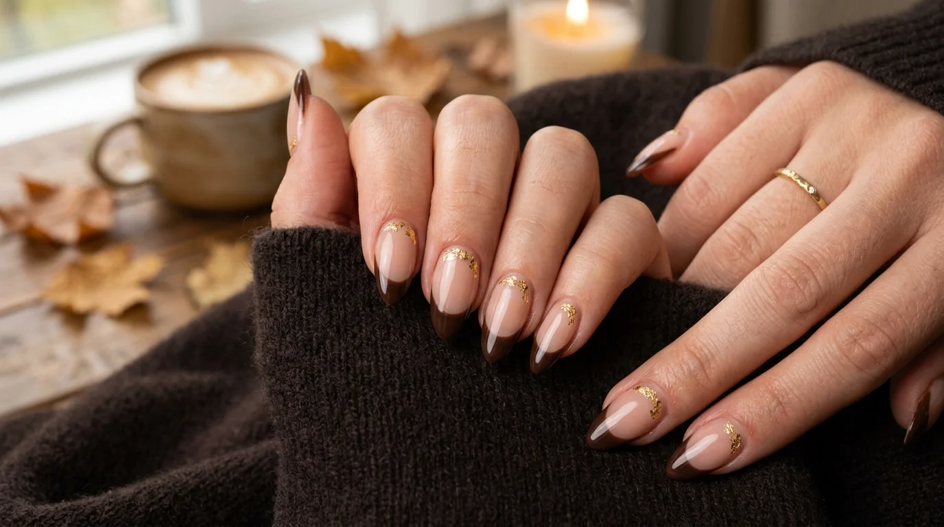 Espresso French nails with gold foil accents for fall 2026
